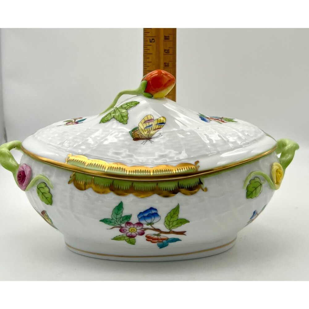 Herend Queen Victoria VBA Sugar Basin Candy Bon Bon Covered Dish Green Border - Picture 10 of 16